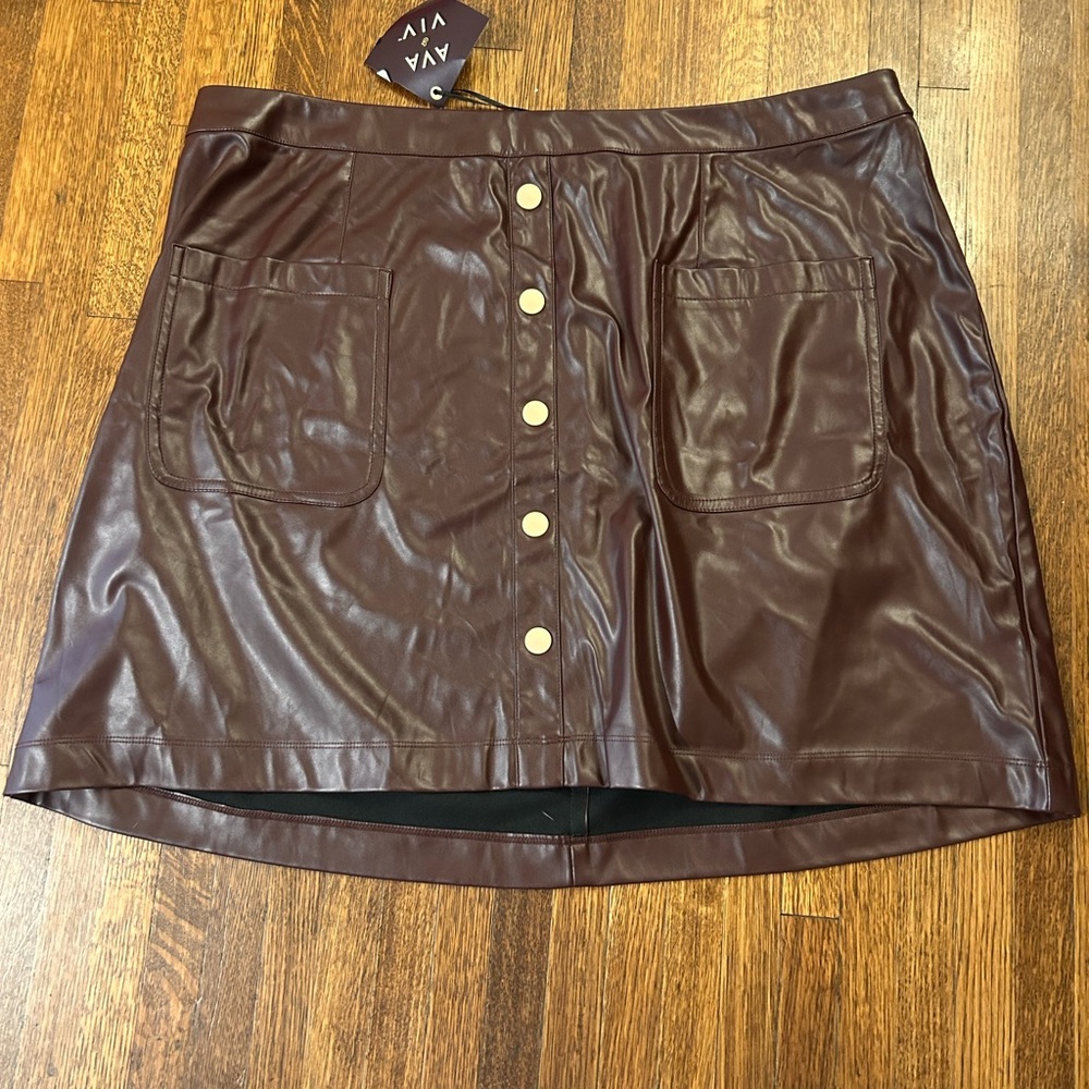 Brown Leather Skirt with Button Detail